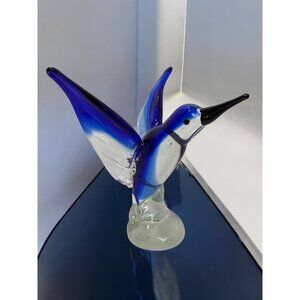 Handcrafted Blue & Clear Art Glass Hummingbird Figurine With Extended Wings